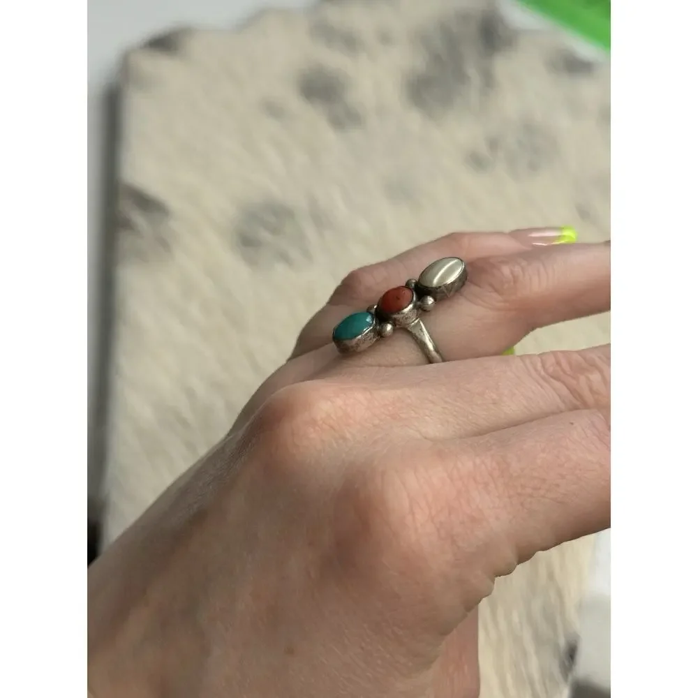 Native Sterling Silver Mother Pearl Red Coral Blue Turquoise Ring M. Chee 6.5